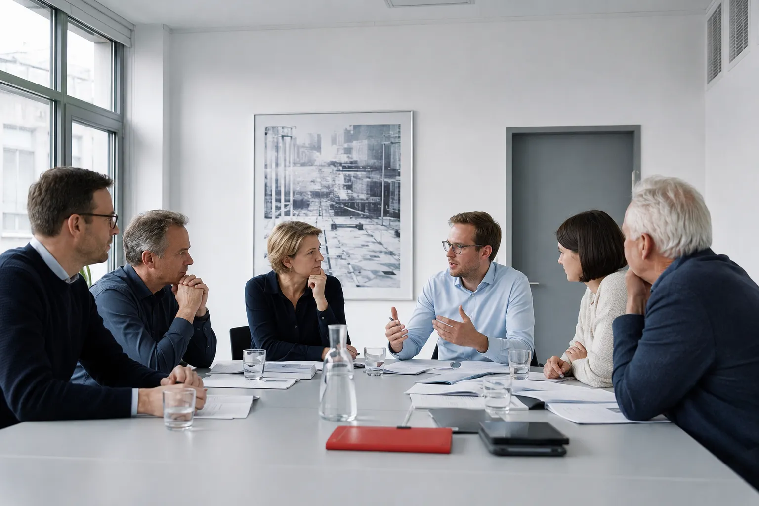A businesslike meeting at a table in a functional room.