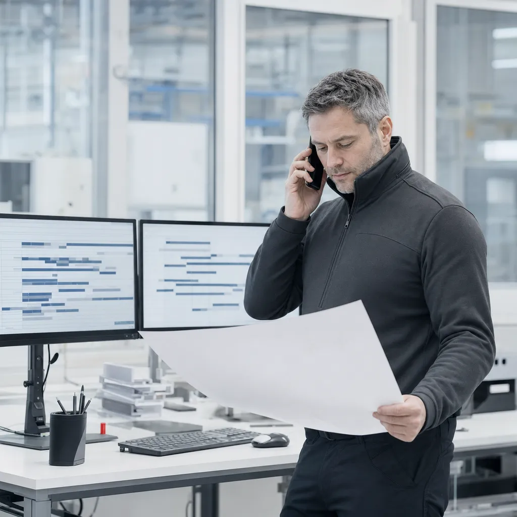 Supply chain coordination at a desk with scheduling interfaces.