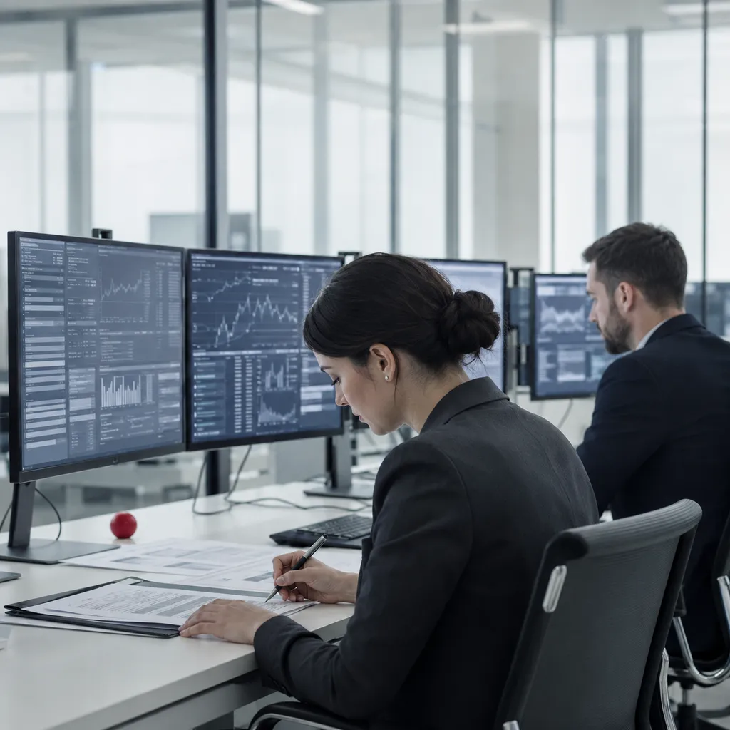 Financial operations specialists at monitors showing financial data.