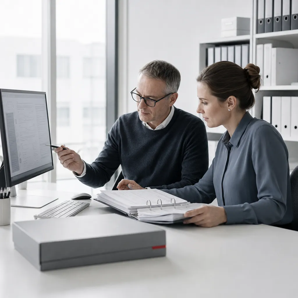 Two specialists reviewing regulatory documentation.