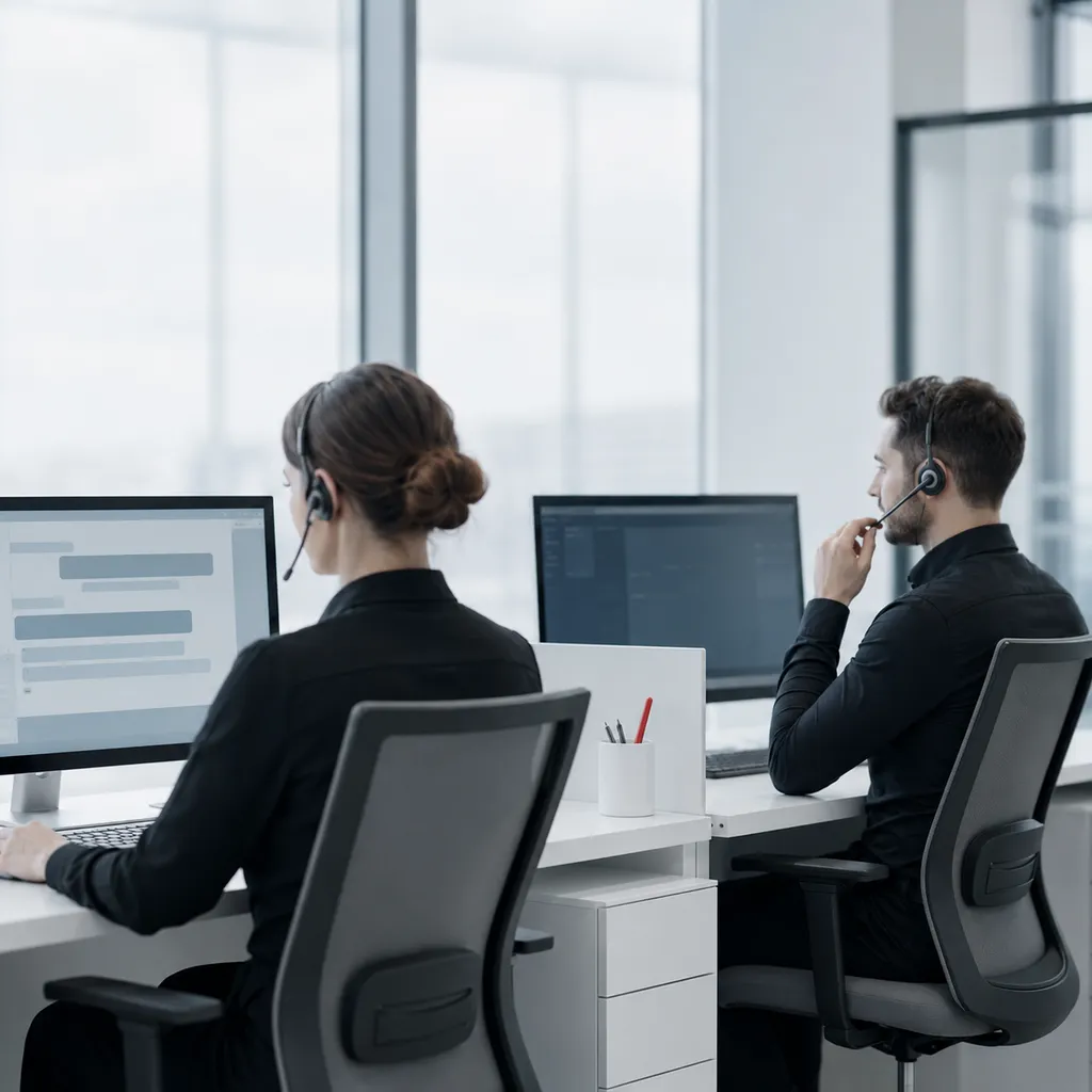 Two customer service specialists at adjacent workstations.