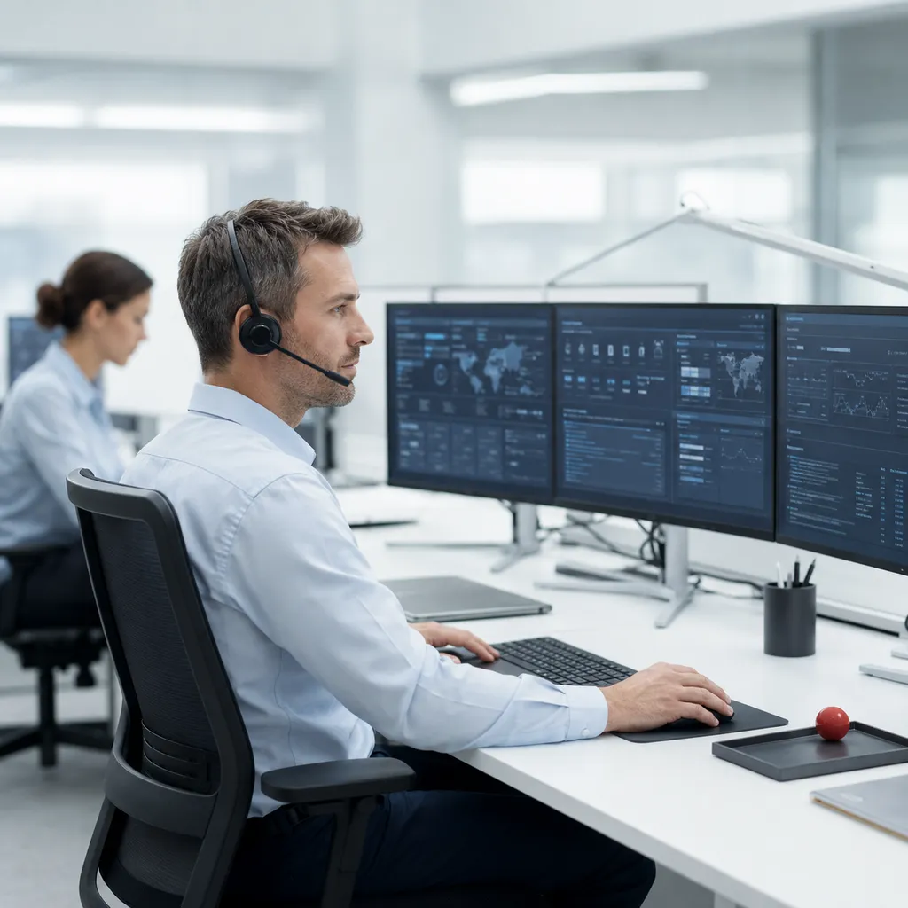 Logistics coordination at a three-monitor workstation.