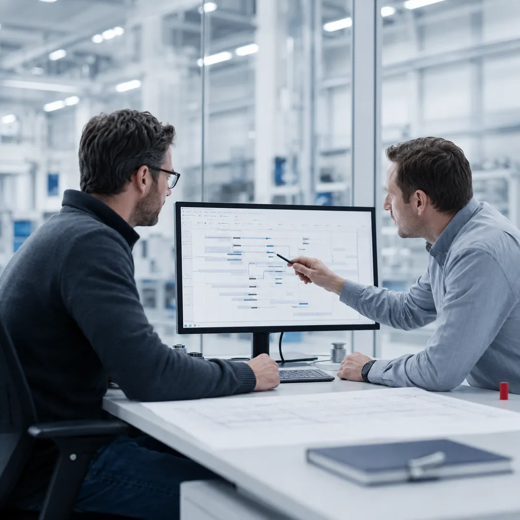 Two specialists reviewing a technical schedule at a monitor.