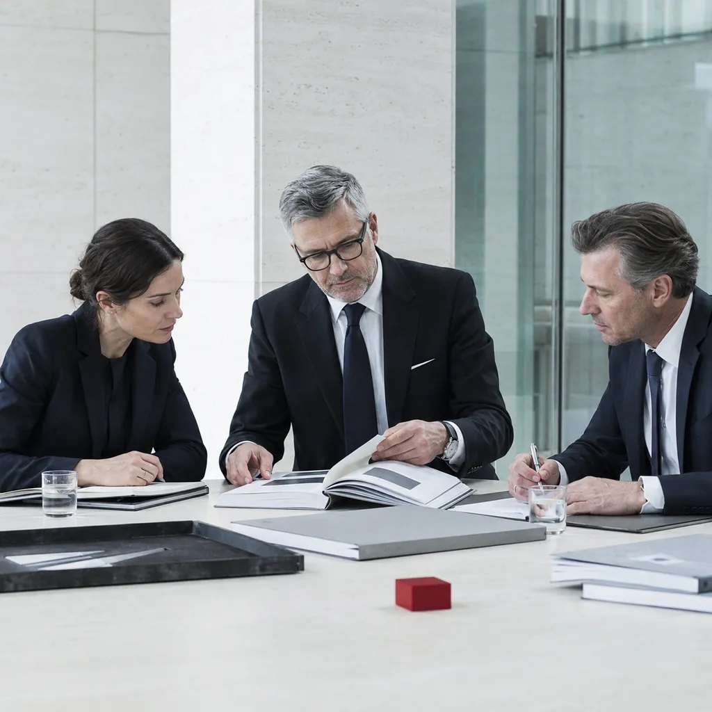 Three professionals reviewing bound documents in a meeting room.