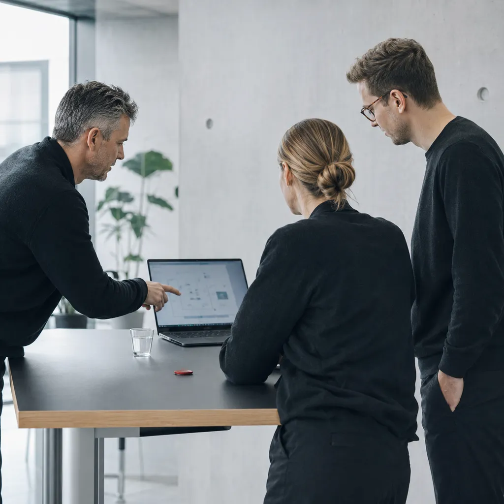 Three professionals at a standing table around a laptop.