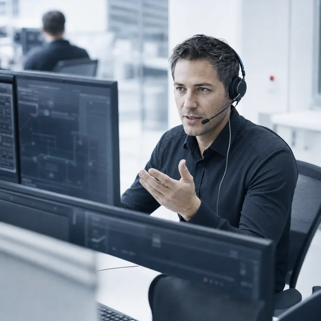 Technischer Support mit Headset an Netzwerkdiagnose-Oberflächen.