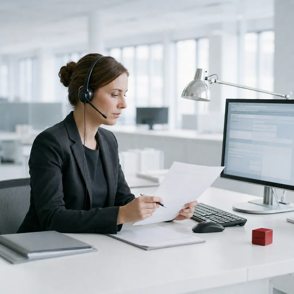 Schadenbearbeitung an einem klaren Arbeitsplatz mit Headset.