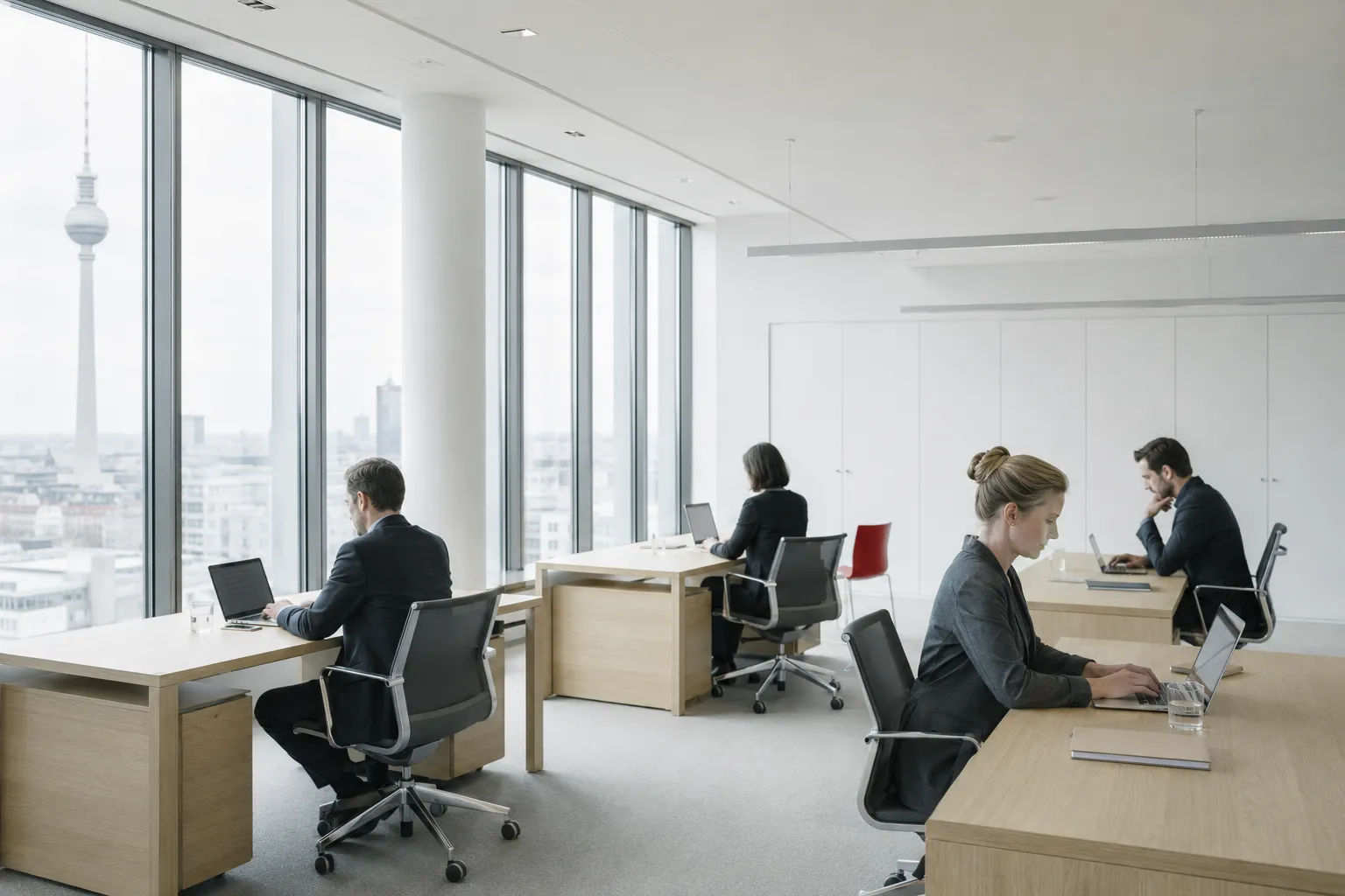 A bright, uncluttered office in a German business tower in overcast daylight.