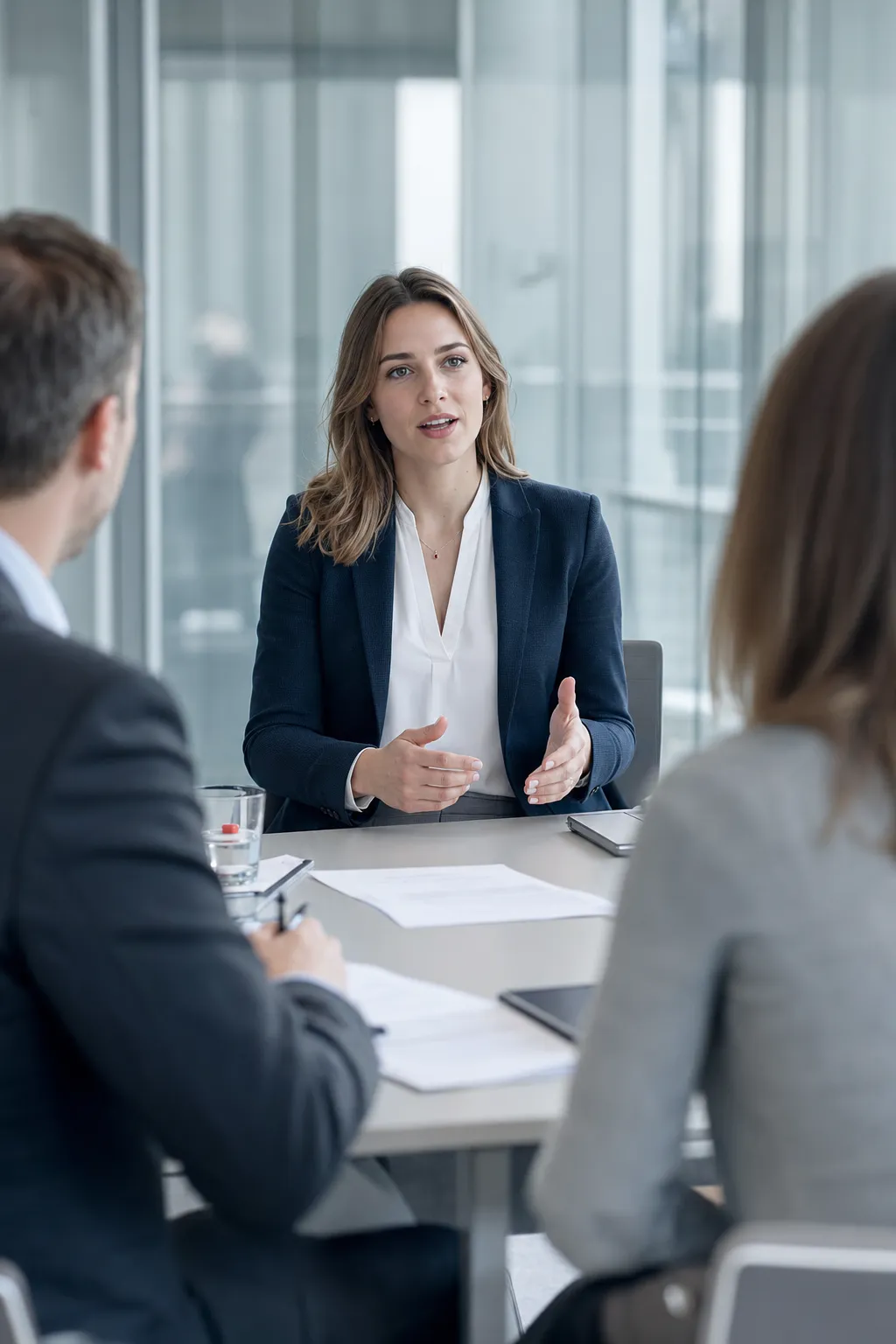 A job interview in a bright, glass-walled meeting room.