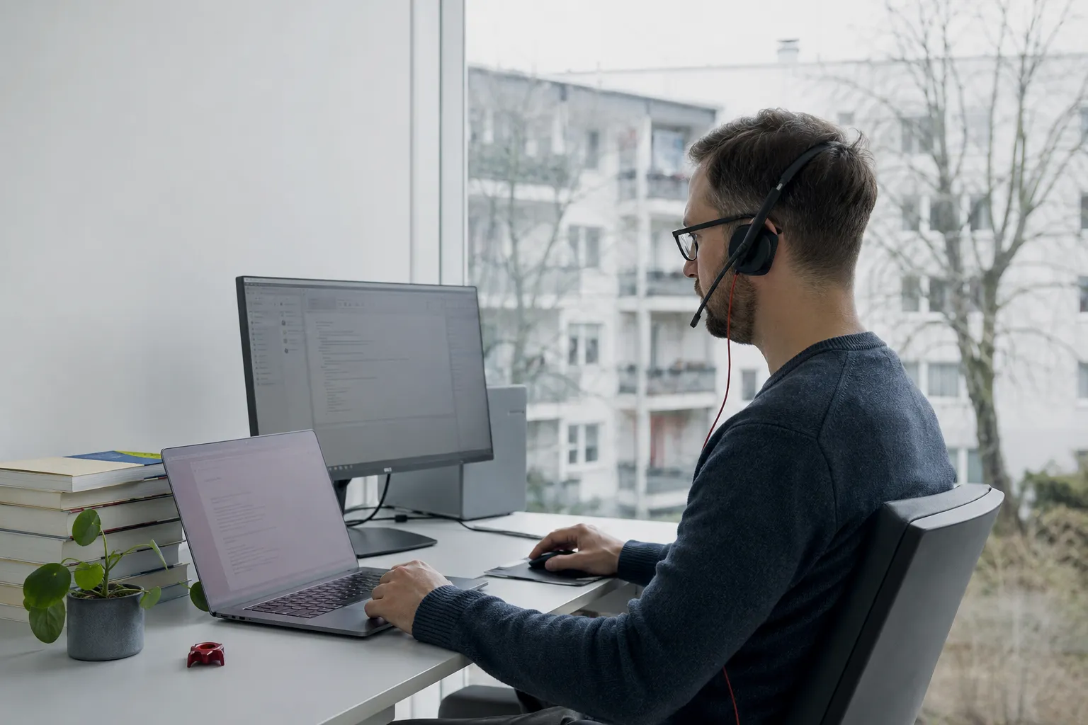 A professional working from home at a tidy desk.