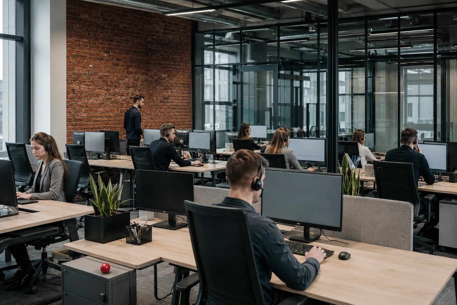 A modern office floor in southern Poland with brickwork and glass partitions.