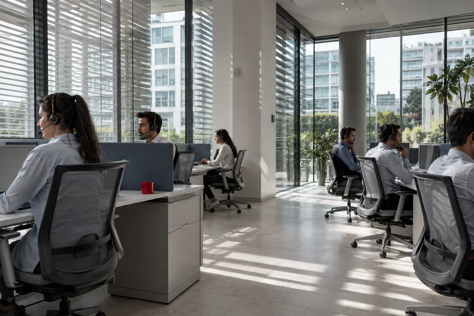 A bright office in Antalya with daylight behind external louvres.