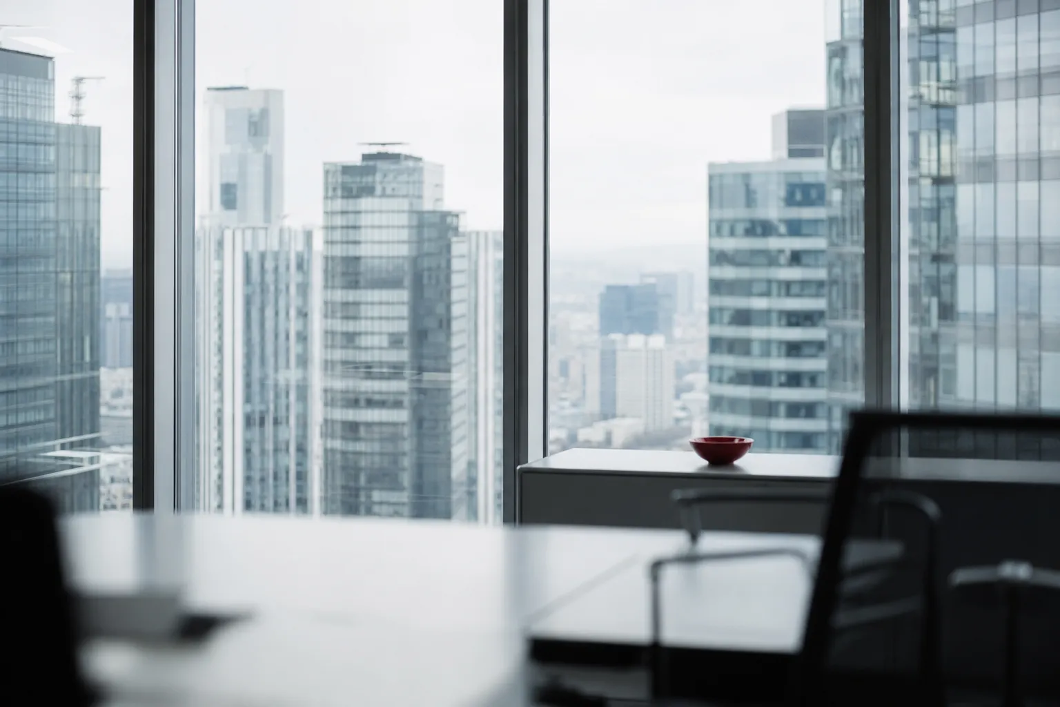 A view from a Frankfurt tower over the financial district under an overcast sky.