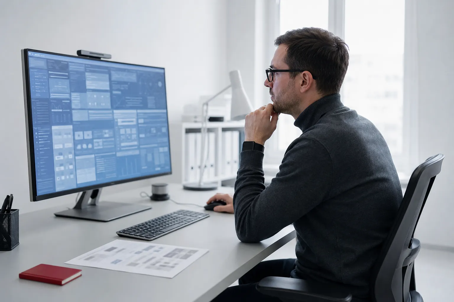 A data specialist reviewing structured data at a large monitor.