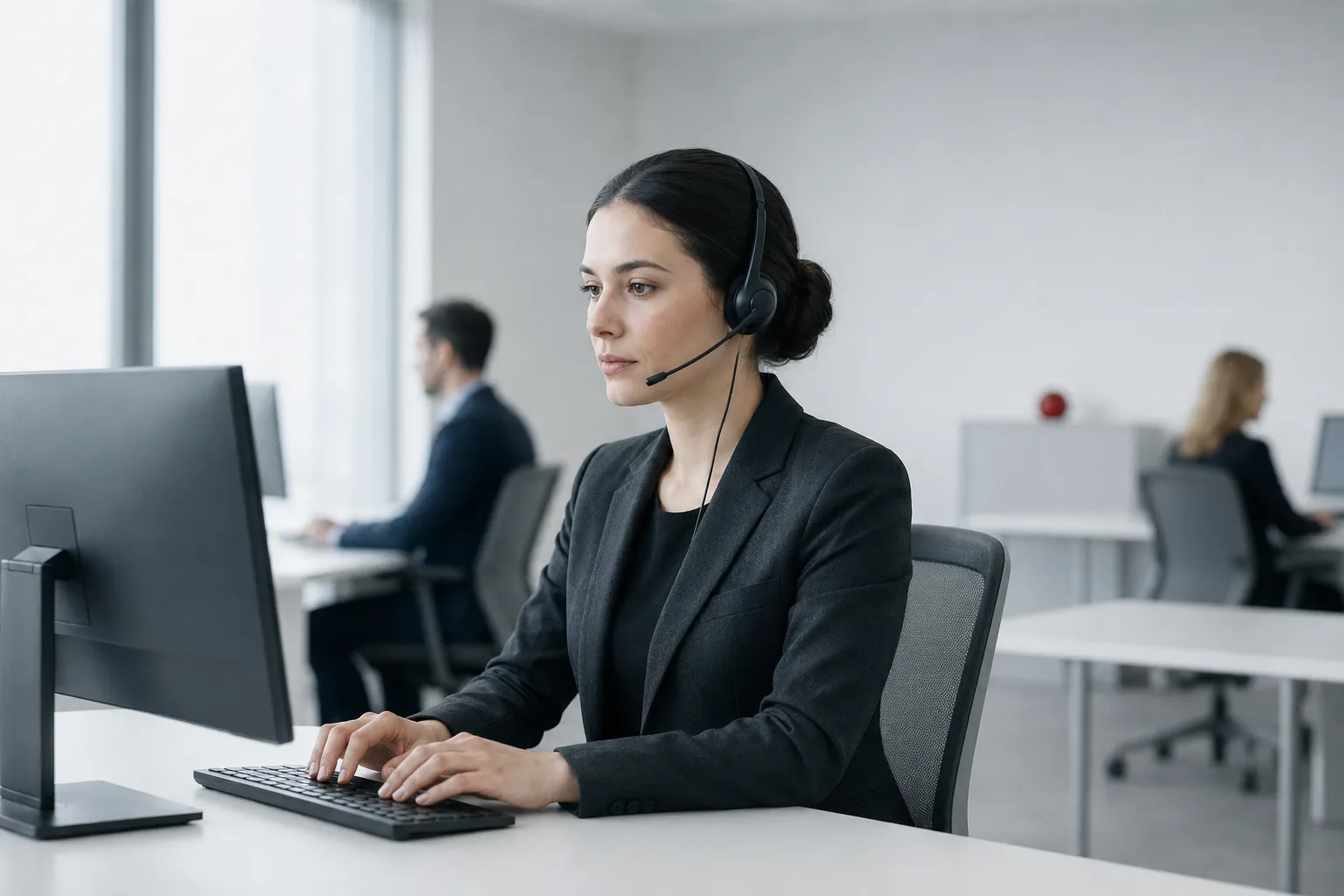 A customer service specialist with a headset at a clean workstation.